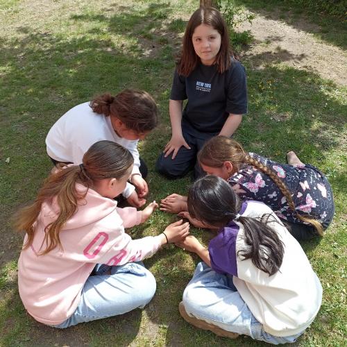 Freizeit im Schulgarten im Frühling